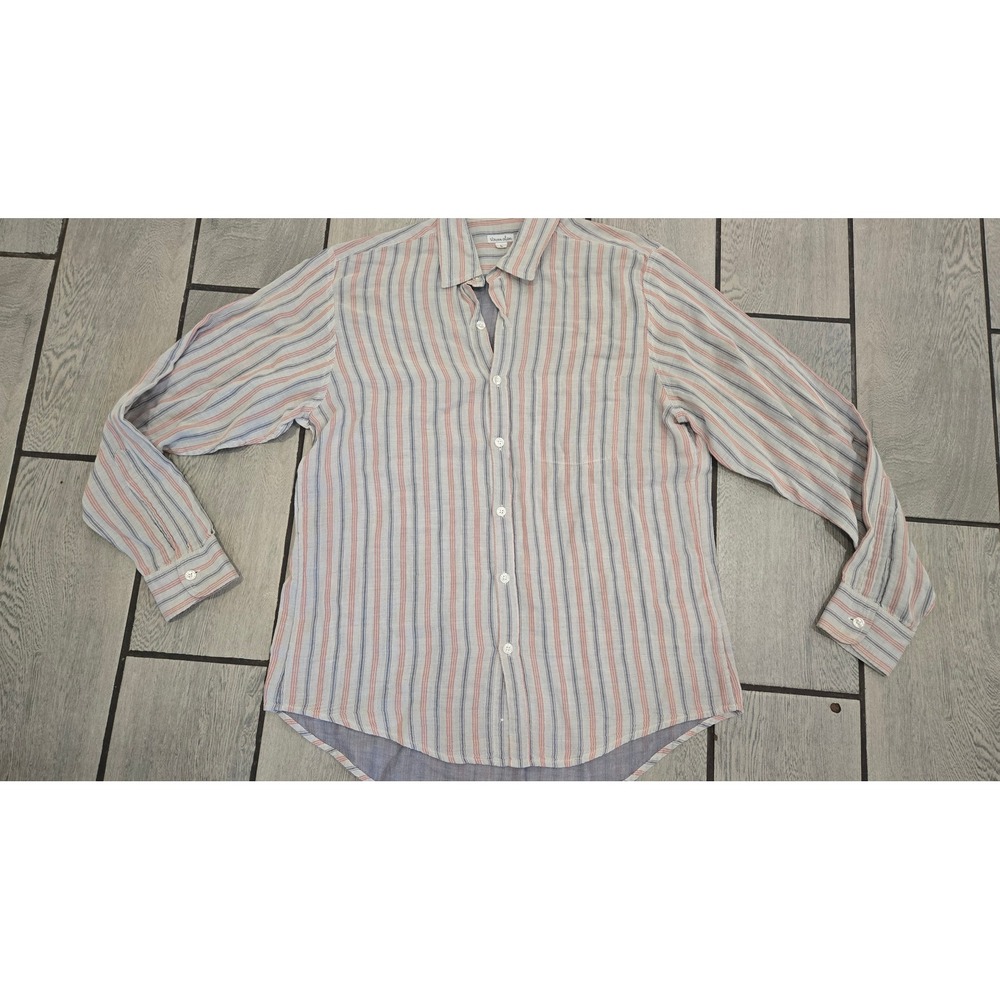 Steven Alan Mens Large Cotton Gauze Striped Long Sleeve Button Down Shirt Blue